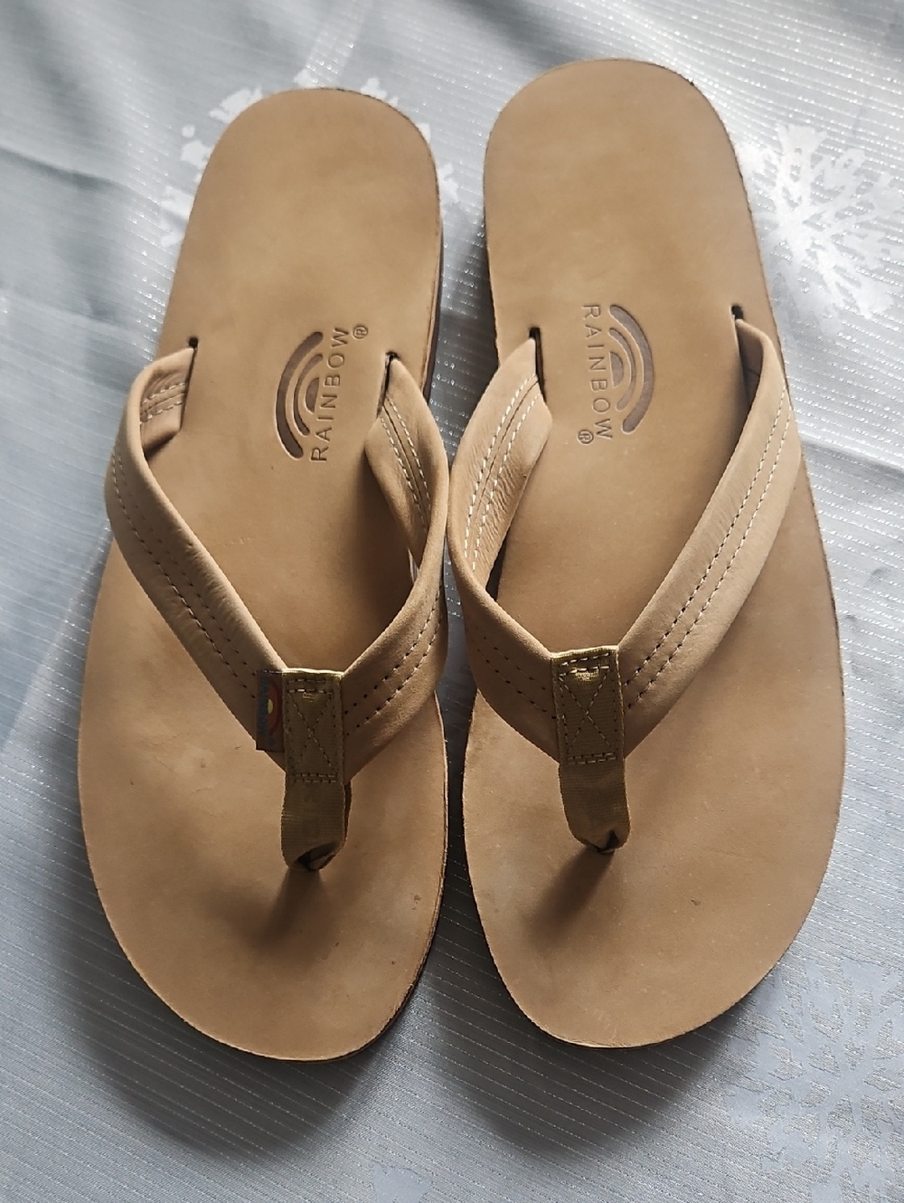 Rainbow Leather Flip Flops in Tan